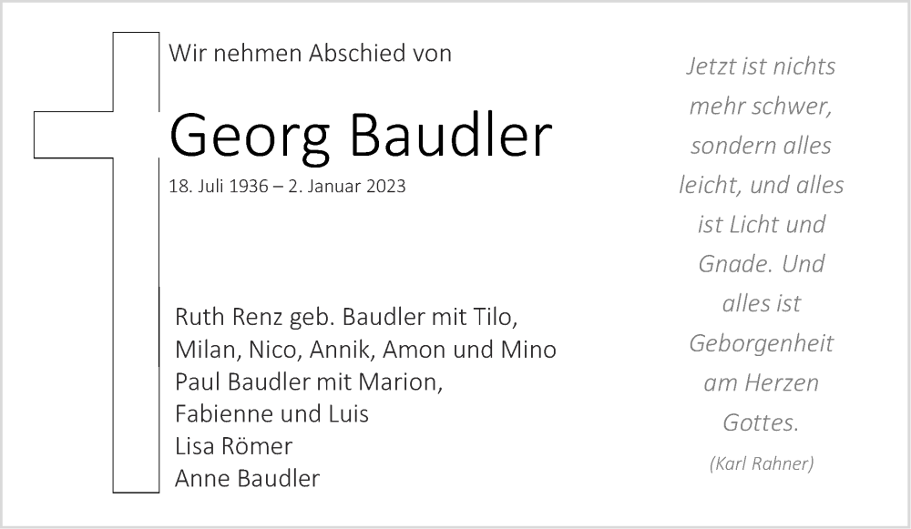  Traueranzeige für Georg Baudler vom 07.01.2023 aus Aachener Zeitung / Aachener Nachrichten