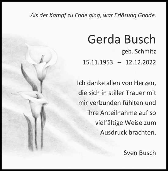 Traueranzeige von Gerda Busch von Zeitung am Sonntag