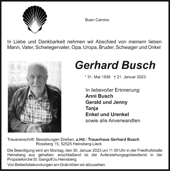 Traueranzeige von Gerhard Busch von Zeitung am Sonntag