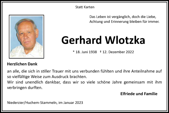 Traueranzeige von Gerhard Wlotzka von Zeitung am Sonntag