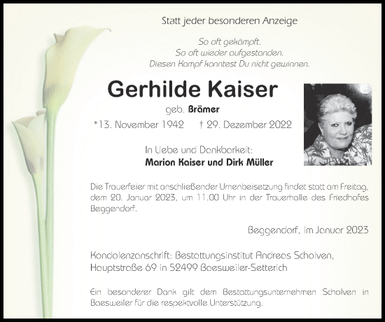 Traueranzeige von Gerhilde Kaiser von Zeitung am Sonntag