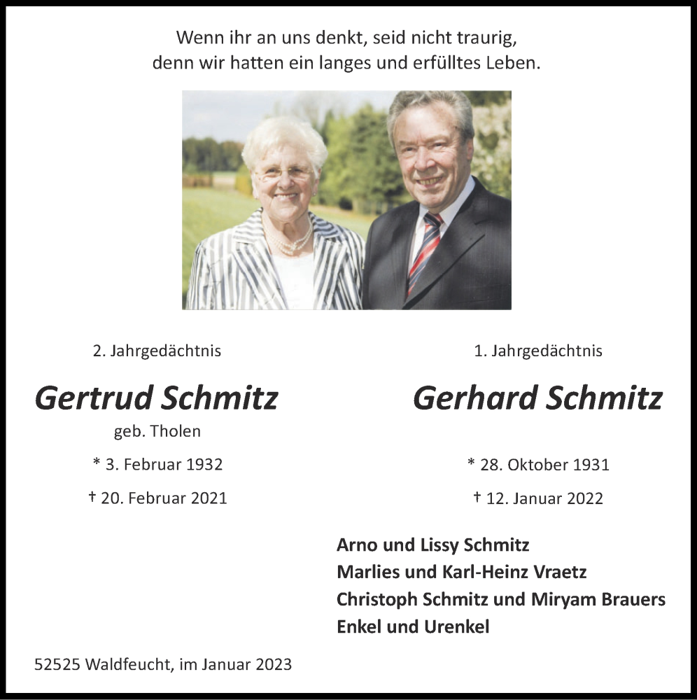  Traueranzeige für Gertrud Schmitz vom 15.01.2023 aus Zeitung am Sonntag