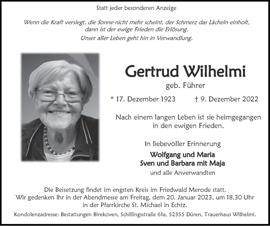 Traueranzeige von Gertrud Wilhelmi von Zeitung am Sonntag