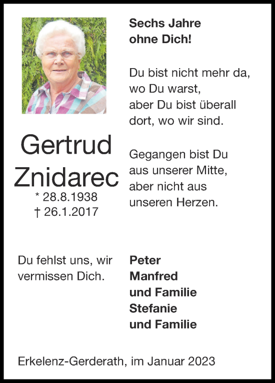Traueranzeige von Gertrud Znidarec von Zeitung am Sonntag