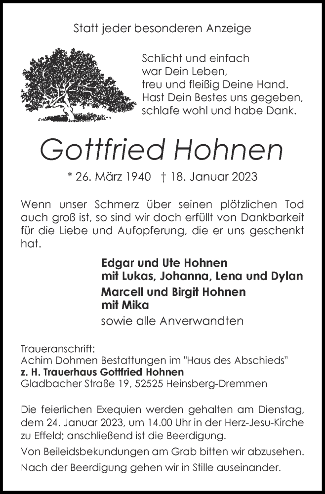  Traueranzeige für Gottfried Hohnen vom 22.01.2023 aus Zeitung am Sonntag