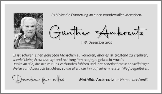 Traueranzeige von Günther Amkreutz von Zeitung am Sonntag
