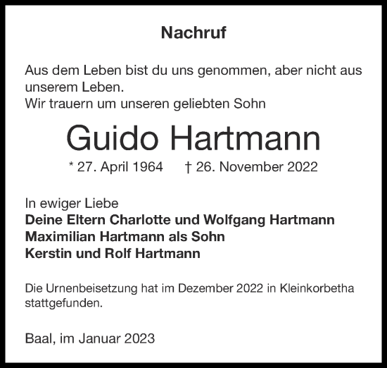 Traueranzeige von Guido Hartmann von Zeitung am Sonntag