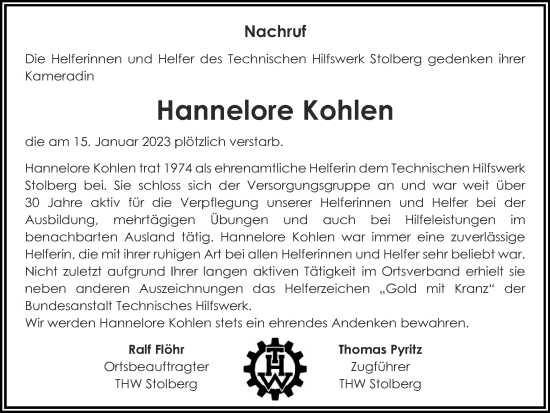 Traueranzeige von Hannelore Kohlen von Zeitung am Sonntag