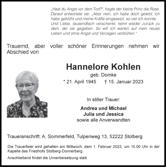 Traueranzeige von Hannelore Kohlen von Zeitung am Sonntag