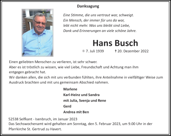 Traueranzeige von Hans Busch von Aachener Zeitung / Aachener Nachrichten