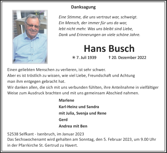 Traueranzeige von Hans Busch von Zeitung am Sonntag