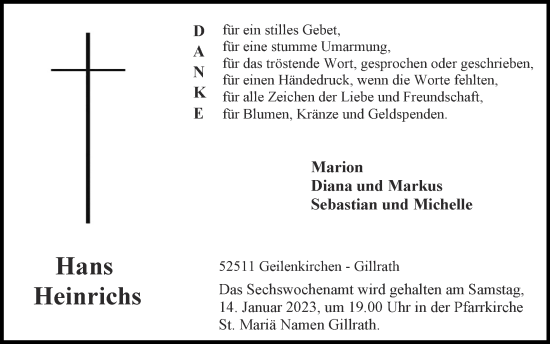 Traueranzeige von Hans Heinrichs von Zeitung am Sonntag