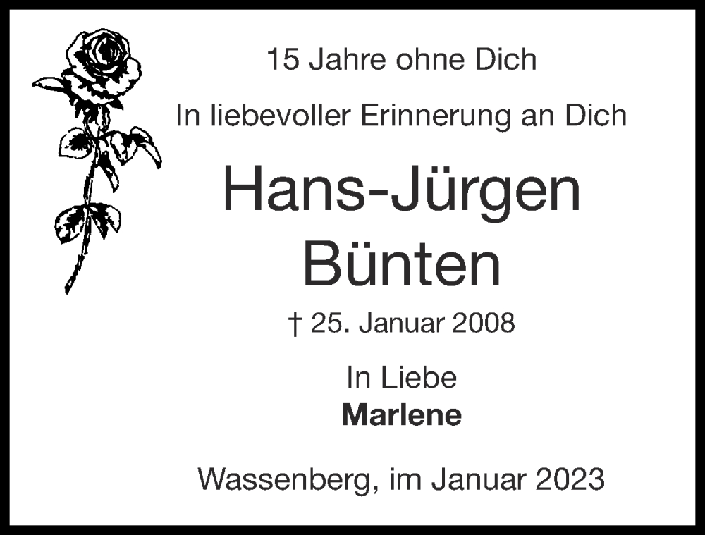  Traueranzeige für Hans-Jürgen Bünten vom 22.01.2023 aus Zeitung am Sonntag