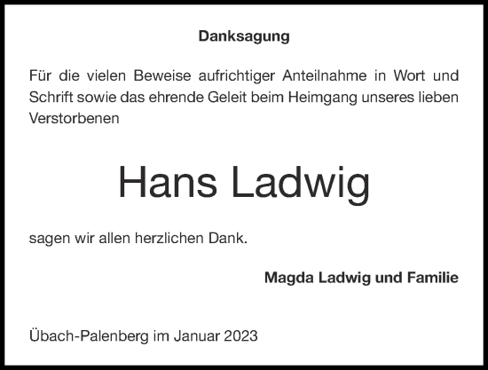 Traueranzeige von Hans Ladwig von Zeitung am Sonntag