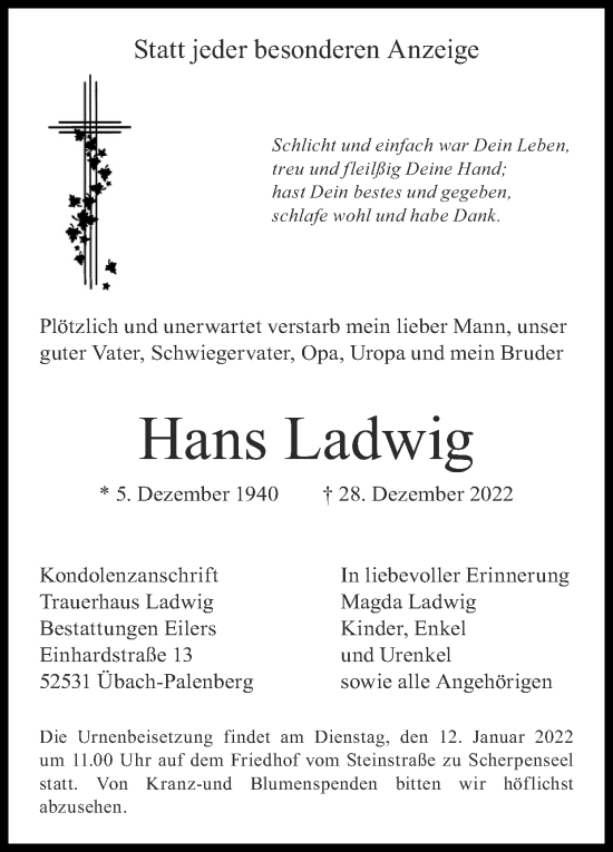 Traueranzeige von Hans Ladwig von Zeitung am Sonntag