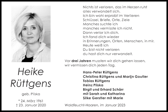 Traueranzeige von Heike Rüttgens von Zeitung am Sonntag