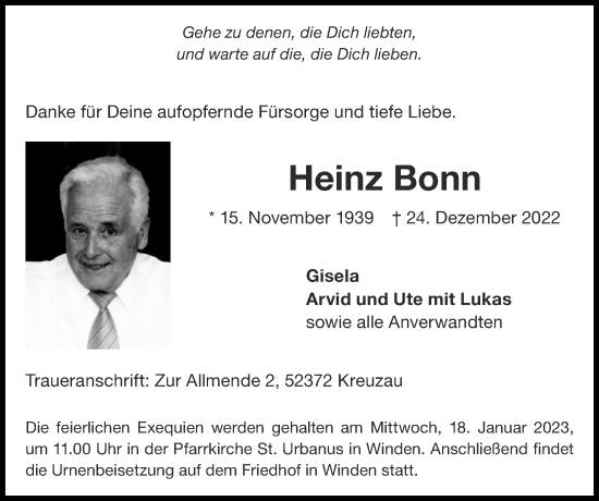 Traueranzeige von Heinz Bonn von Zeitung am Sonntag