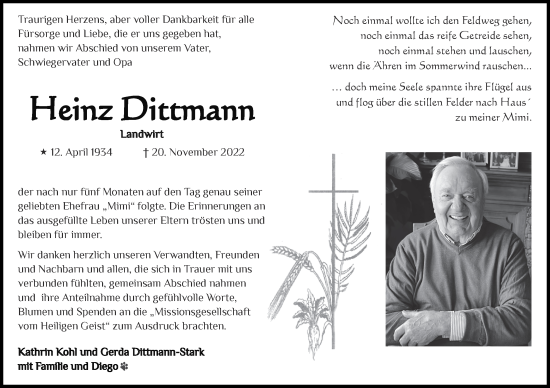 Traueranzeige von Heinz Dittmann von Zeitung am Sonntag