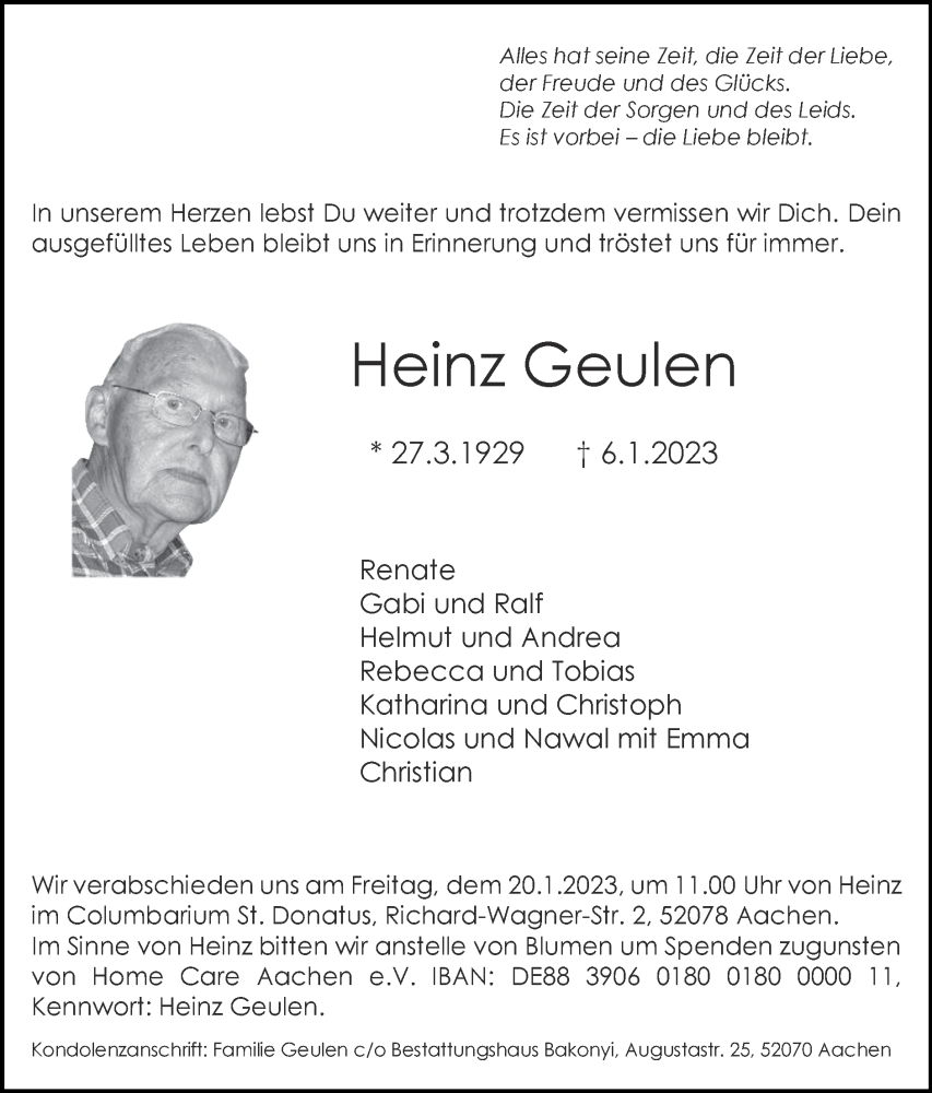  Traueranzeige für Heinz Geulen vom 15.01.2023 aus Zeitung am Sonntag