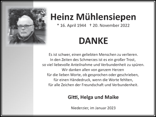 Traueranzeige von Heinz Mühlensiepen von Zeitung am Sonntag