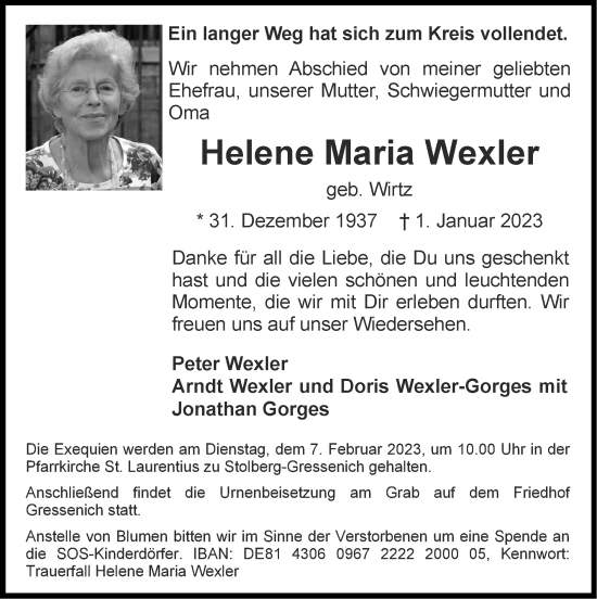 Traueranzeige von Helene Maria Wexler von Zeitung am Sonntag