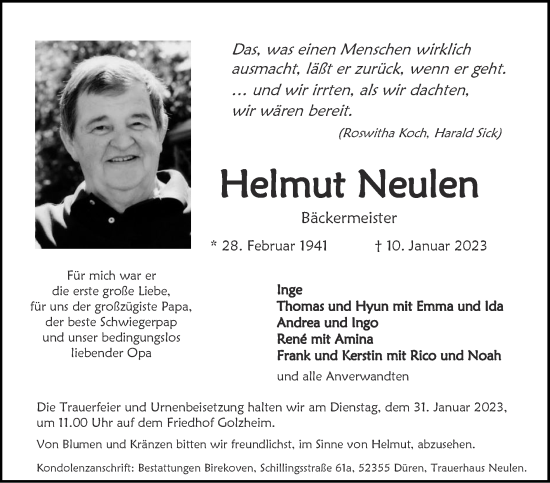 Traueranzeige von Helmut Neulen von Zeitung am Sonntag