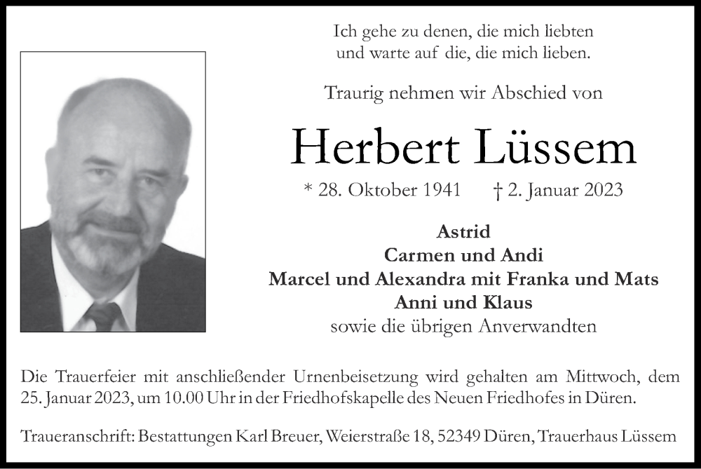  Traueranzeige für Herbert Lüssem vom 15.01.2023 aus Zeitung am Sonntag
