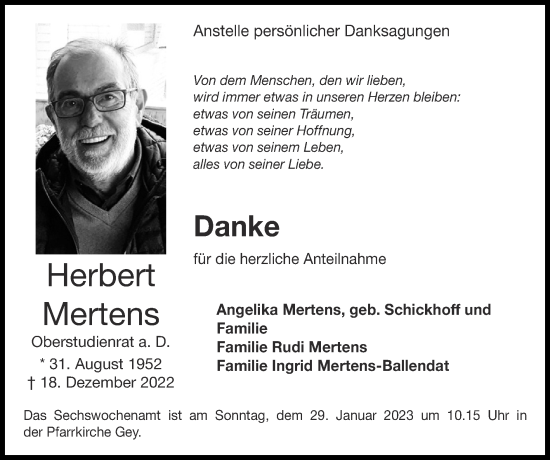 Traueranzeige von Herbert Mertens von Zeitung am Sonntag
