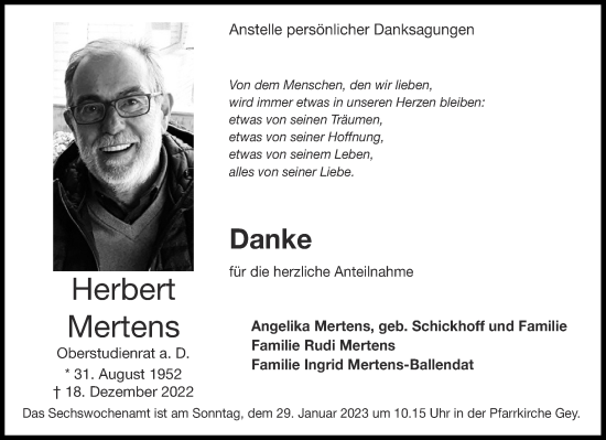 Traueranzeige von Herbert Mertens von Aachener Zeitung / Aachener Nachrichten