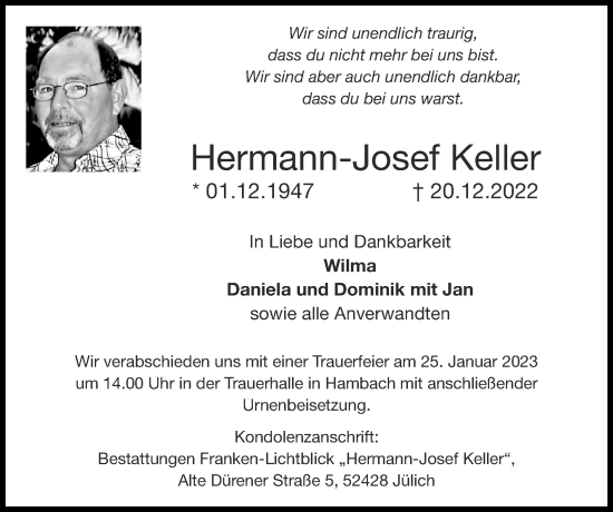 Traueranzeige von Hermann-Josef Keller von Zeitung am Sonntag