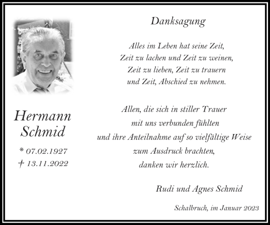 Traueranzeige von Hermann Schmid von Zeitung am Sonntag