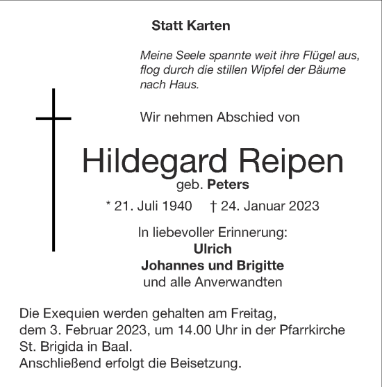 Traueranzeige von Hildegard Reipen von Zeitung am Sonntag