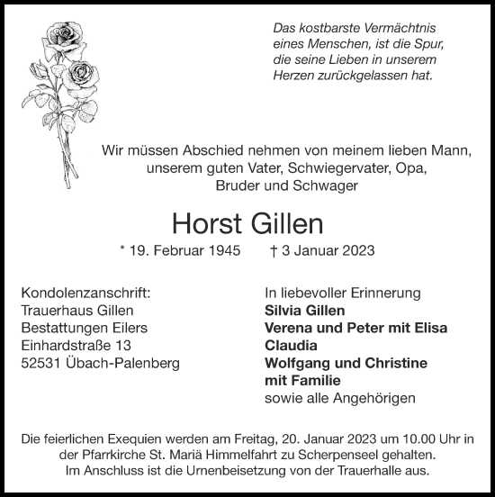 Traueranzeige von Horst Gillen von Zeitung am Sonntag
