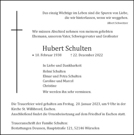 Traueranzeige von Hubert Schulten von Zeitung am Sonntag