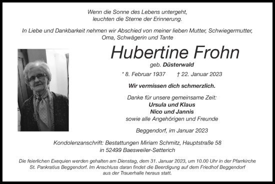 Traueranzeige von Hubertine Frohn von Zeitung am Sonntag