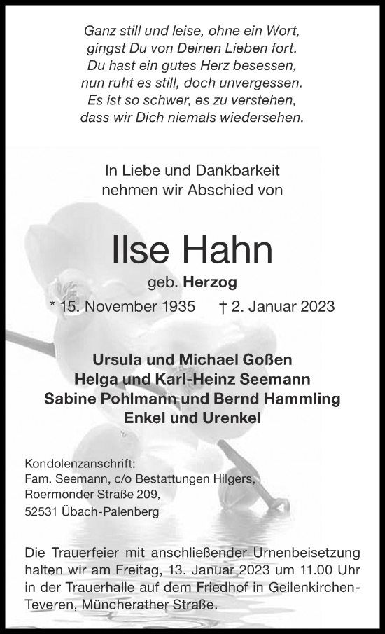 Traueranzeige von Ilse Hahn von Zeitung am Sonntag