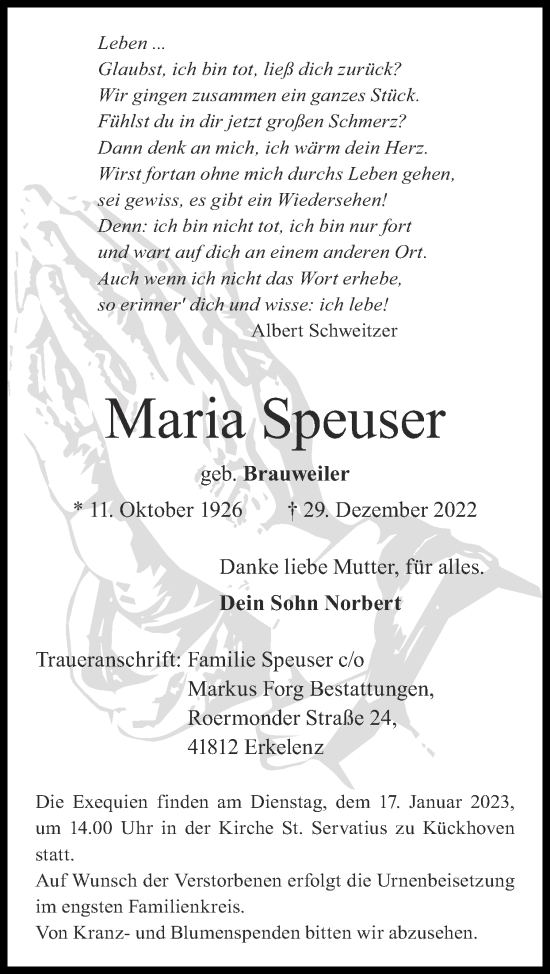 Traueranzeige von IMaria Speuser von Zeitung am Sonntag