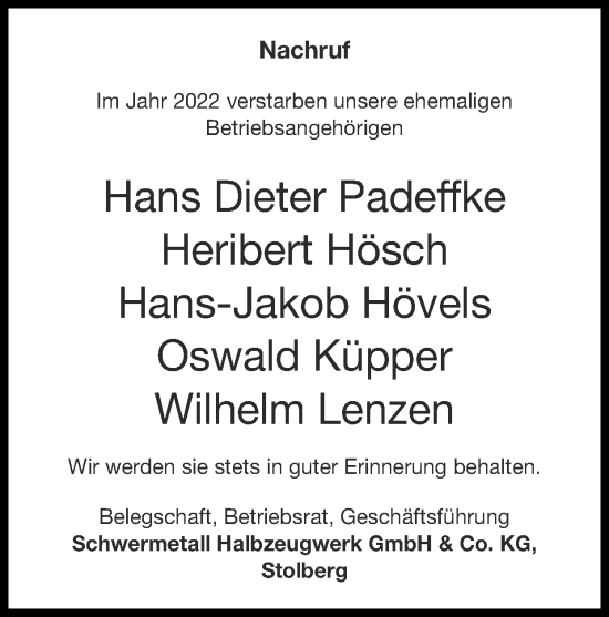 Traueranzeige von Im Jahr 2022 verstarben unsere ehemaligen Betriebsangehörigen  von Zeitung am Sonntag