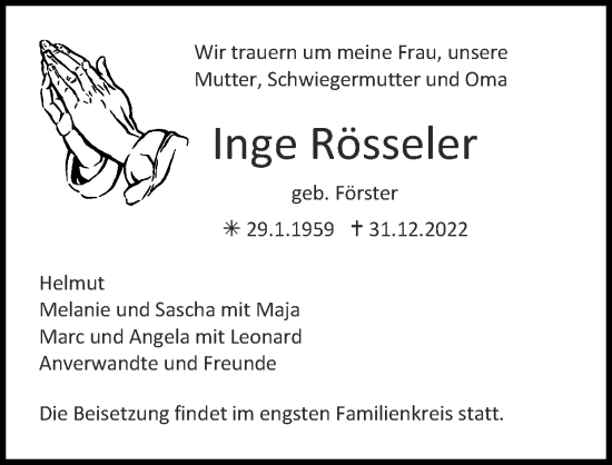 Traueranzeige von Inge Rösseler von Zeitung am Sonntag