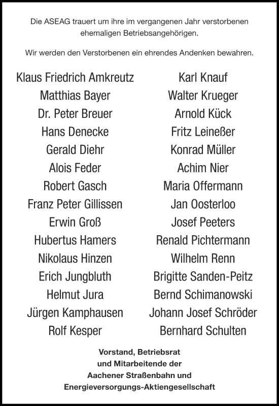 Traueranzeige von In Gedenken Verstorbene Betriebsangehörige ASEAG von Aachener Zeitung / Aachener Nachrichten