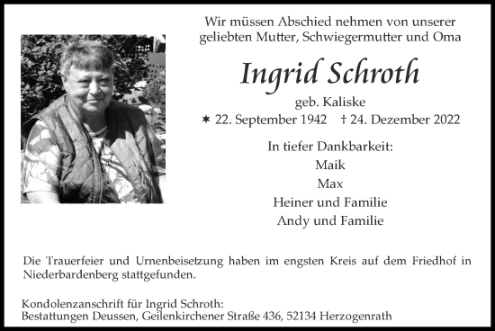 Traueranzeige von Ingrid Schroth von Zeitung am Sonntag