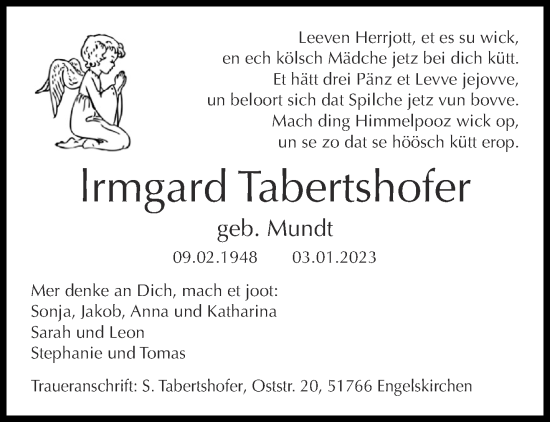 Traueranzeige von Irmgard Tabertshofer von Aachener Zeitung / Aachener Nachrichten