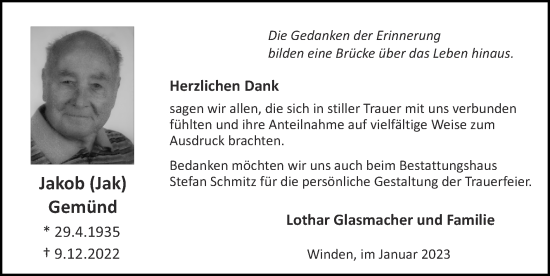 Traueranzeige von Jakob Gemünd von Zeitung am Sonntag
