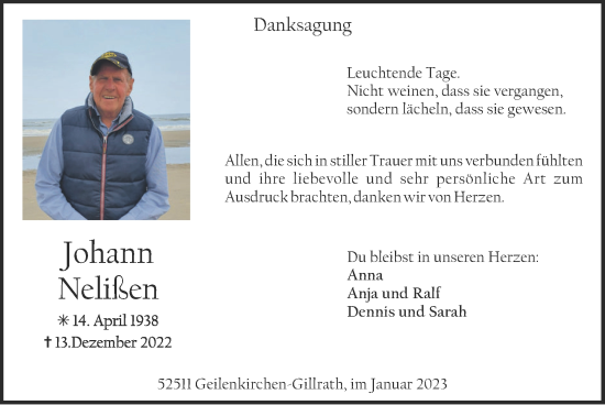 Traueranzeige von Johann Nelißen von Zeitung am Sonntag