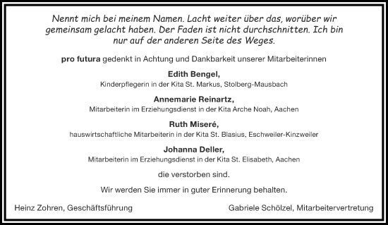 Traueranzeige von Johanna Deller von Aachener Zeitung / Aachener Nachrichten