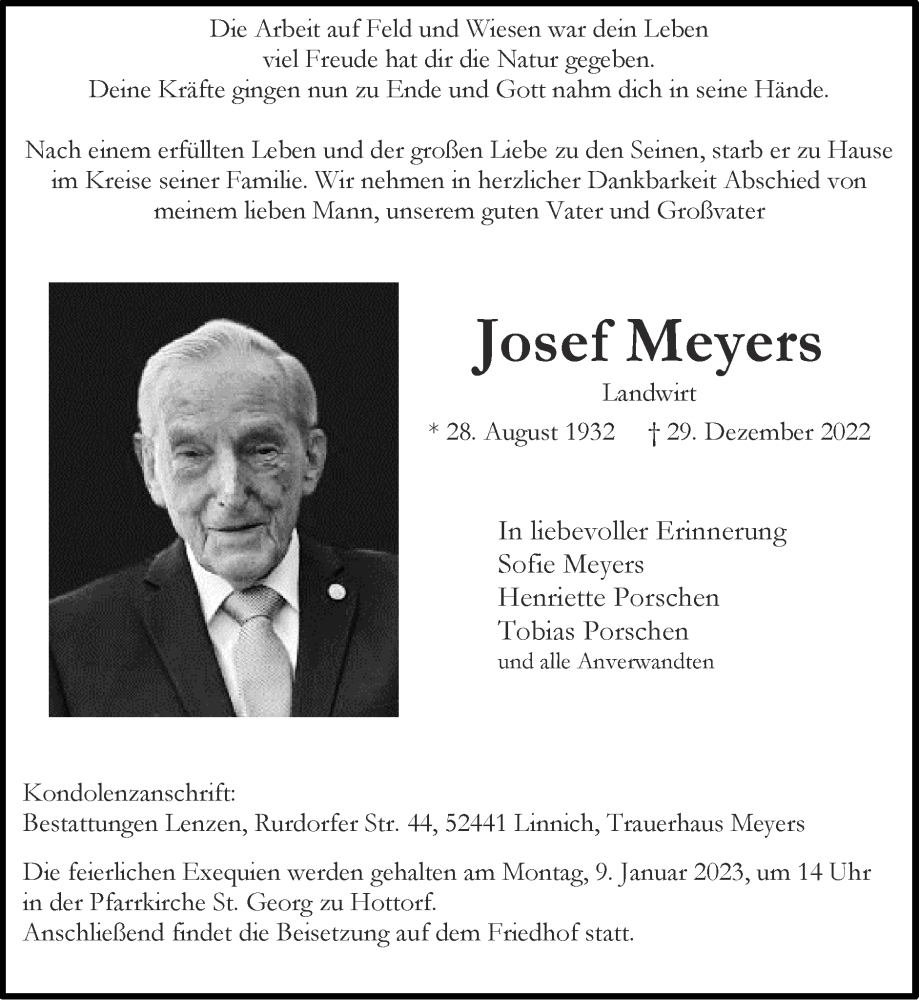  Traueranzeige für Josef Meyers vom 08.01.2023 aus Zeitung am Sonntag