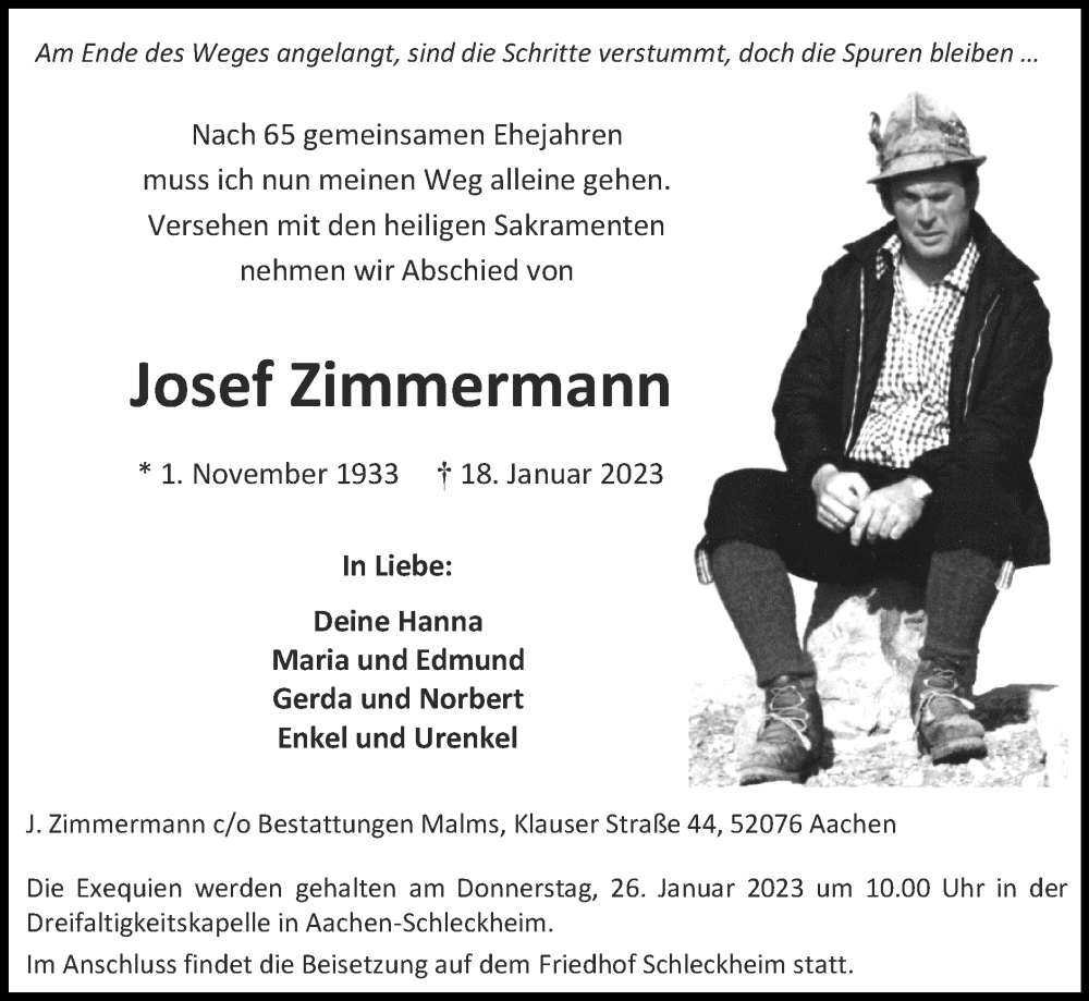  Traueranzeige für Josef Zimmermann vom 22.01.2023 aus Zeitung am Sonntag