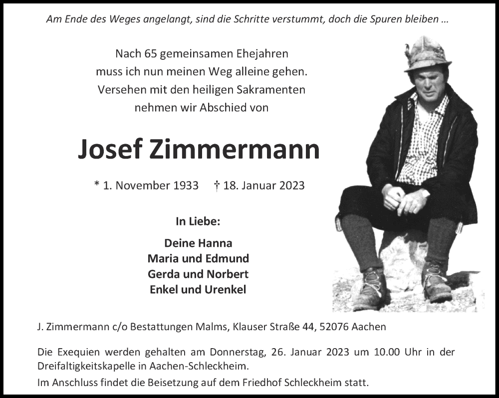  Traueranzeige für Josef Zimmermann vom 21.01.2023 aus Aachener Zeitung / Aachener Nachrichten