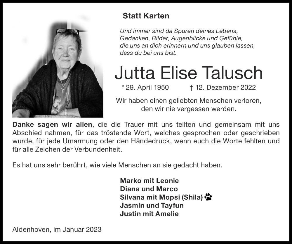  Traueranzeige für Jutta Elise Talusch vom 15.01.2023 aus Zeitung am Sonntag