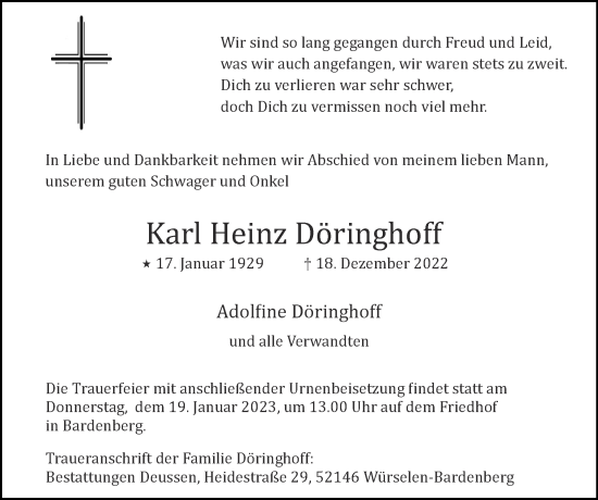 Traueranzeige von Karl Heinz Döringhoff von Zeitung am Sonntag